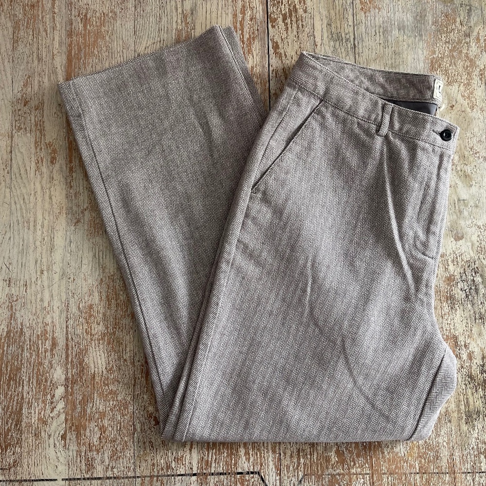 LL Bean Classic Fit Herringbone Pants Tan Womens 14 Flat Front Trousers Straight